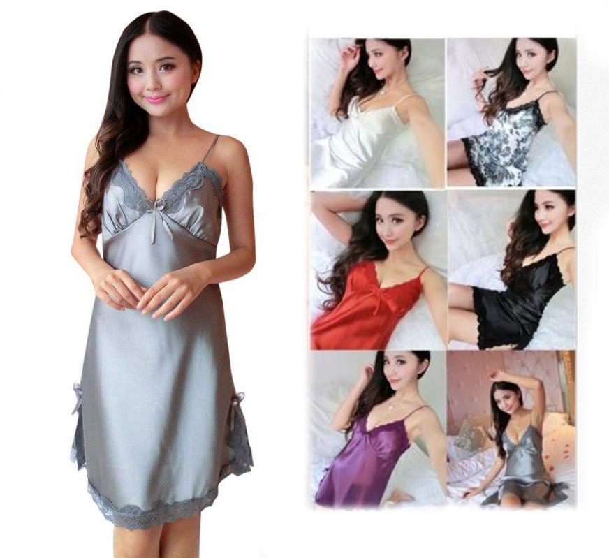 Sexy Lace Women Night Dress Nightwear Mini Deep V Straps Skirts Sleepwear Silk