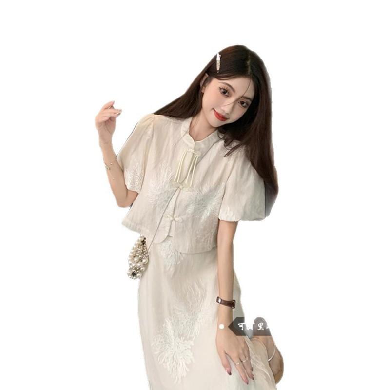 Modern Chinese Style Two Piece Set Womens Loose Fit Midi Dress With Short Sleeve Cardigan Elegant Casual Outfit