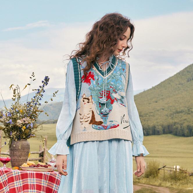 DIMANAF 2025 Plus Size Vest Autumn Women Floral Sweaters Knitting Fashion Casual Style Loose Sweater