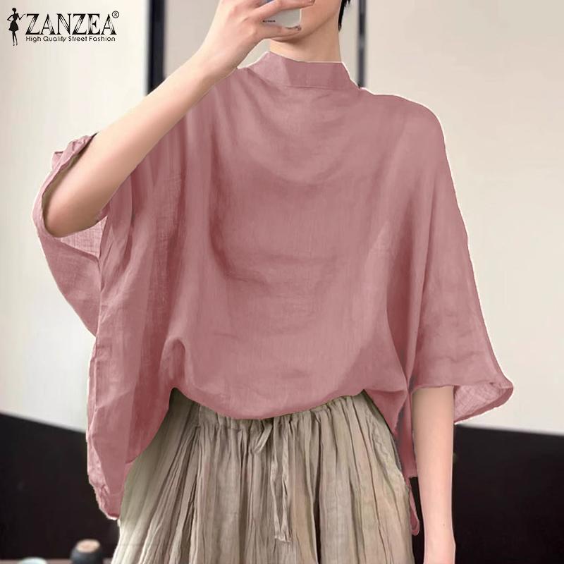 ZANZEA Women Casual Stand Collar Bat 3/4 Sleeve Loose Solid Color Blouses