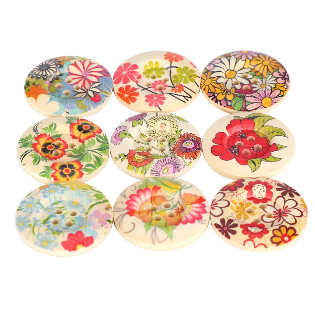 100Pcs Buttons Natural Wood Color Painted Printing Wide Sided DIY Clothing Accessories 30mm