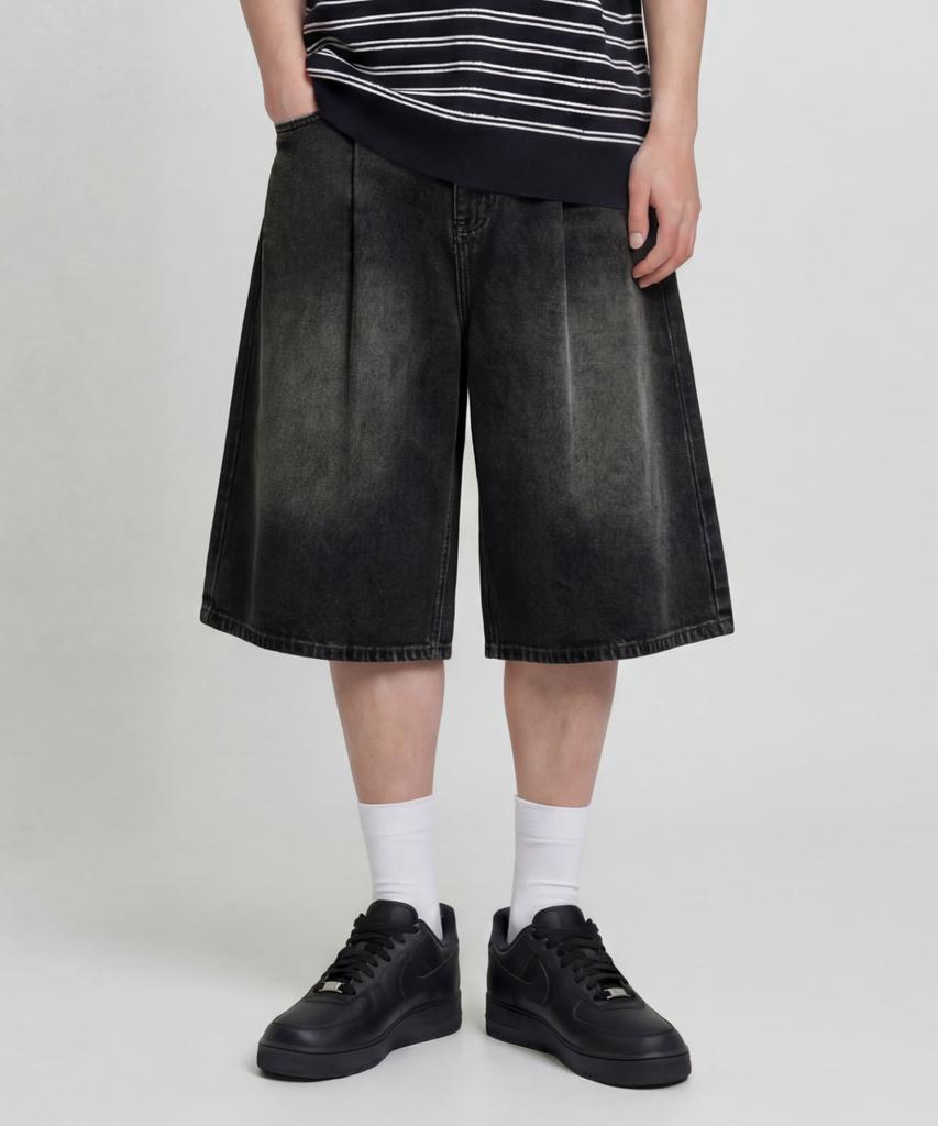 AGOD One-Pleat Wide Slub Washed Denim Bermuda Shorts [Dust Black]