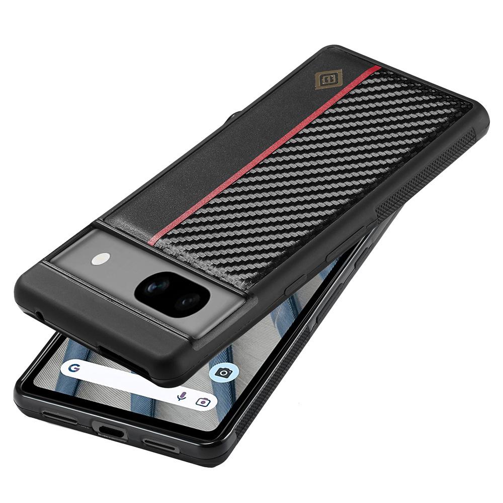 Case for Google Pixel 7,Pixel 7a,Pixel 7 Pro,Pixel 8,Pixel 8 Pro.Carbon Fiber PU Splicing Fine Grain PU Paired with Red Vertical Stripes Phone Case
