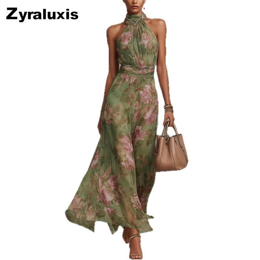 Spring New Women's Dresses Imported Floral Print Maxi Dress with V-Neck Sleeveless