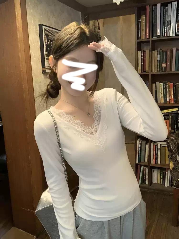 Korean Style Lace V-neck Long-sleeve Women s Top - Slim Fit, Autumn Niche Design S белый
