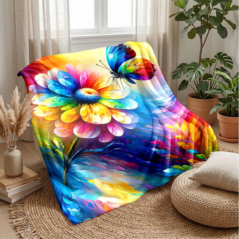 Vibrant Flower Bouquet with Butterflies Theme blanket Lightweight Warm Flannel Blanket Decorative Throw Blanket for Home Decoration