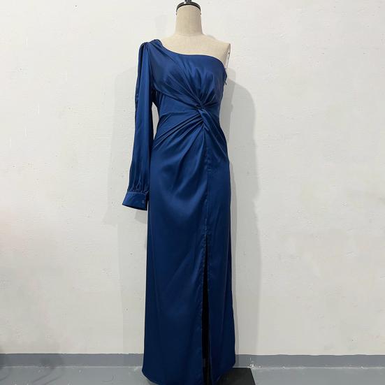 Abendkleid für Damen, eine Schulter, einzelne offene Ärmel, geteilter Saum, einfarbig, schmale Taille, plissiertes Knotendekor, Abschlussball, Cocktailparty, Maxikleid, Ballkleid