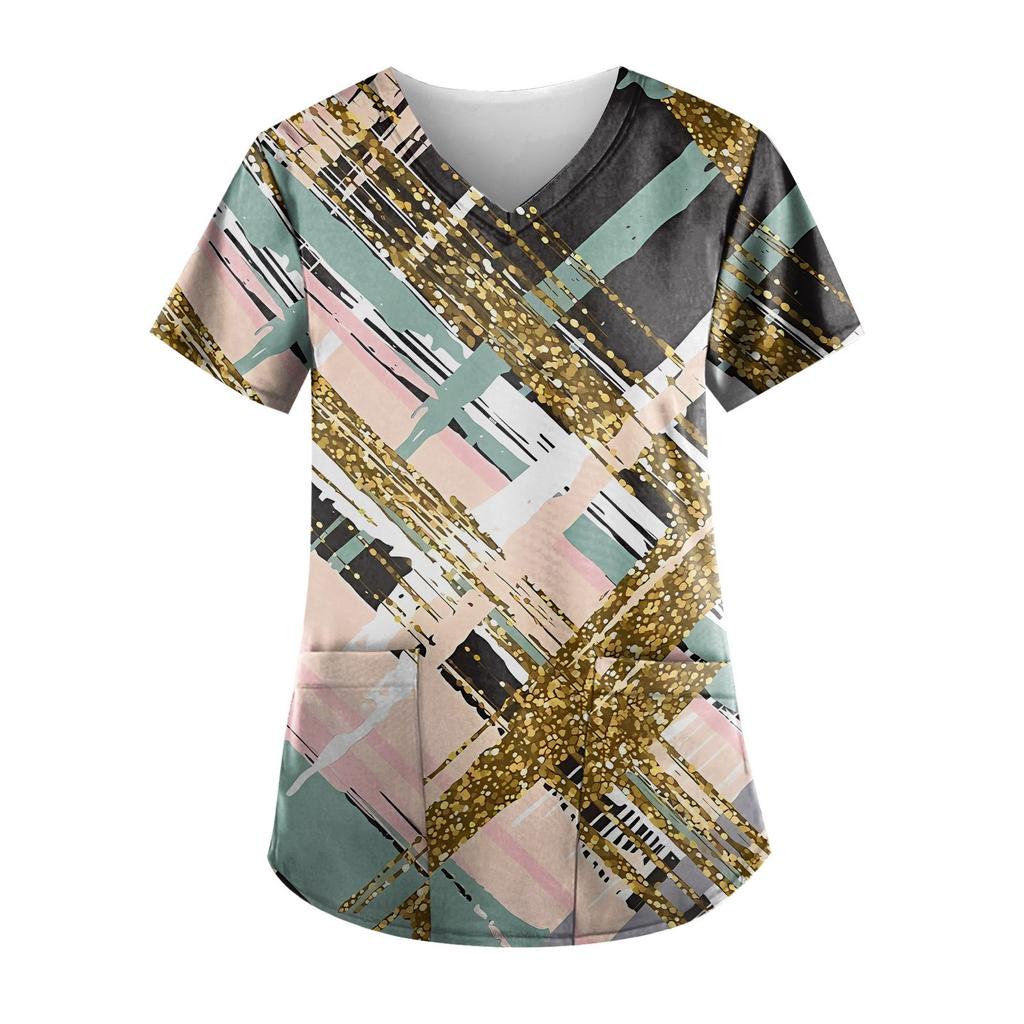 Ladies Casual V-Neck Plus Size Printed T-Shirt Workwear With Pockets