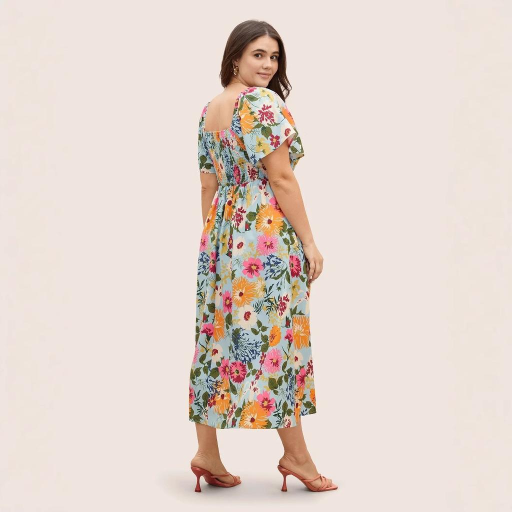 Summer New Dress: Square-neck Plus-size Loose Long Dress High-waisted Printed Short-sleeved Long Dress