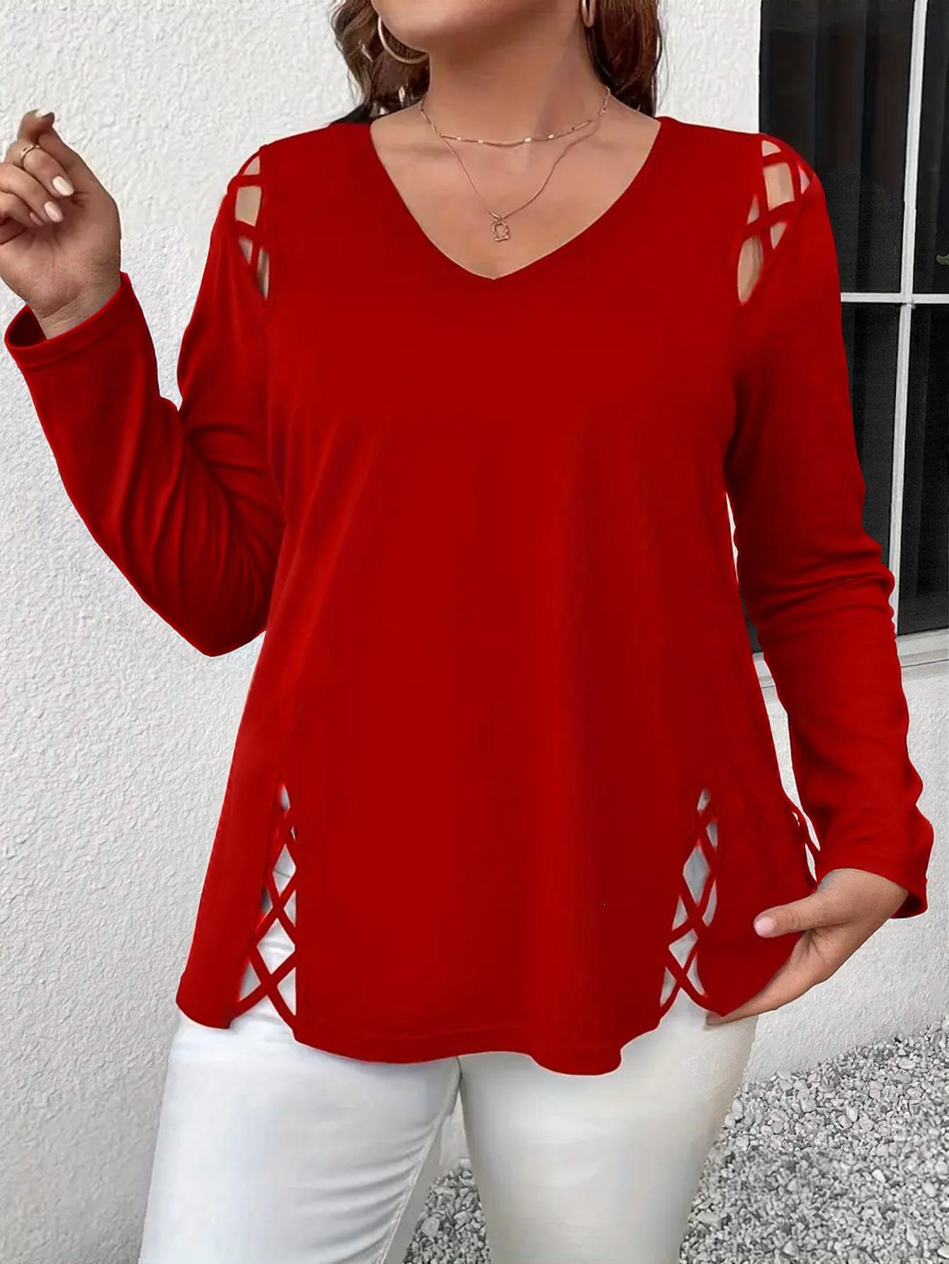 women s Crisscross Cutout Plus Size Top Elegant V Neck Long Sleeve Casual Tunic T Shirt 1XL