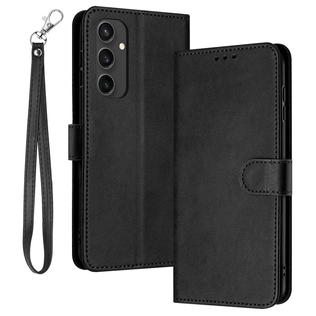 For Samsung Galaxy S24 FE Case PU Leather Purse Calf Texture Phone Cover with Hand Strap