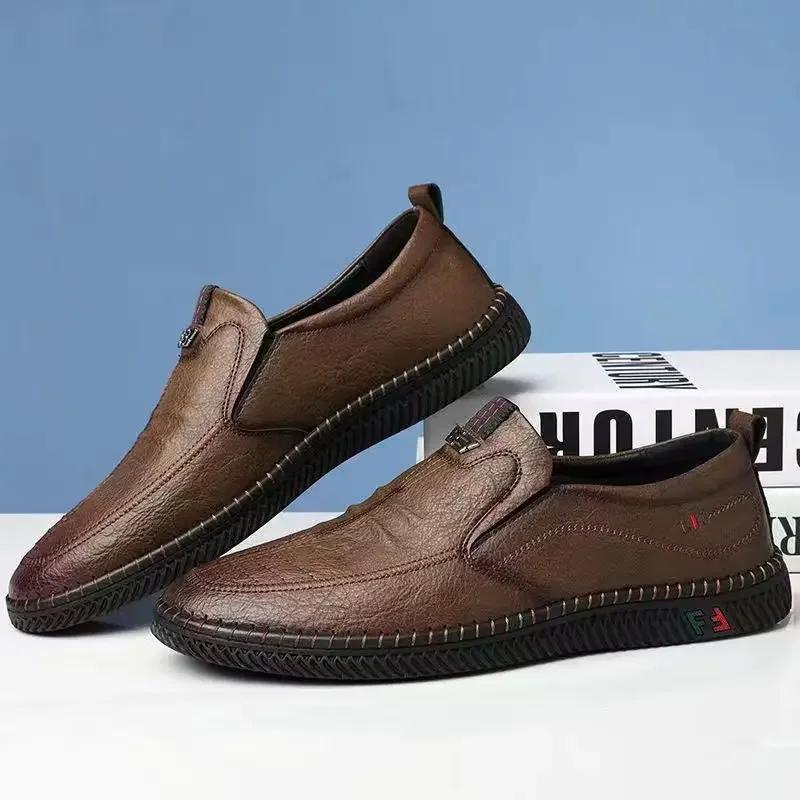 Business Leather Men Shoes Summer Slip On Loafers Breathable Men Casual Leather Soft Shoes Black Flats Driving Shoes