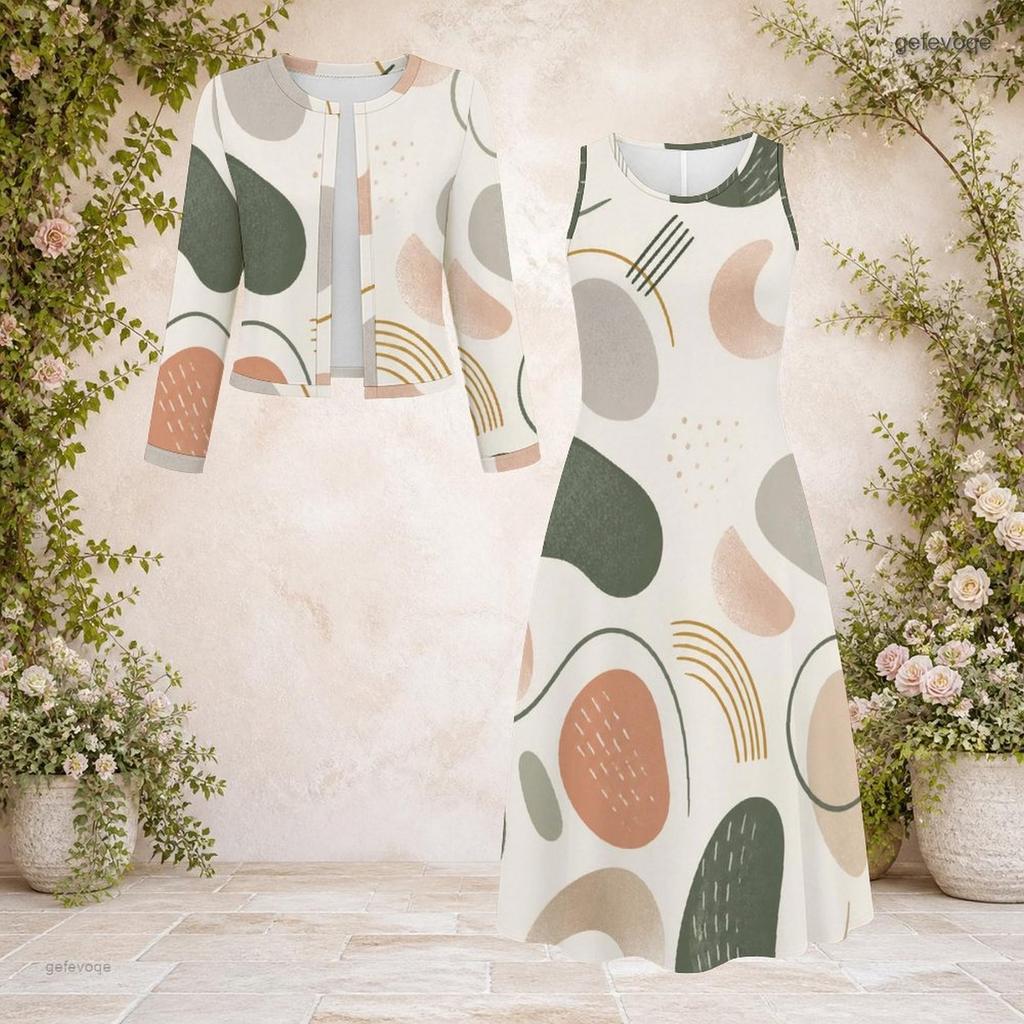 Women Plus Size Printed Round Neck Long Sleeve Cropped Cardigan Sleeveless Midi Dress Two Piece Set