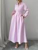 Korean Chic Autumn Striped Shirt Dress with Stand Collar and Tie Waist