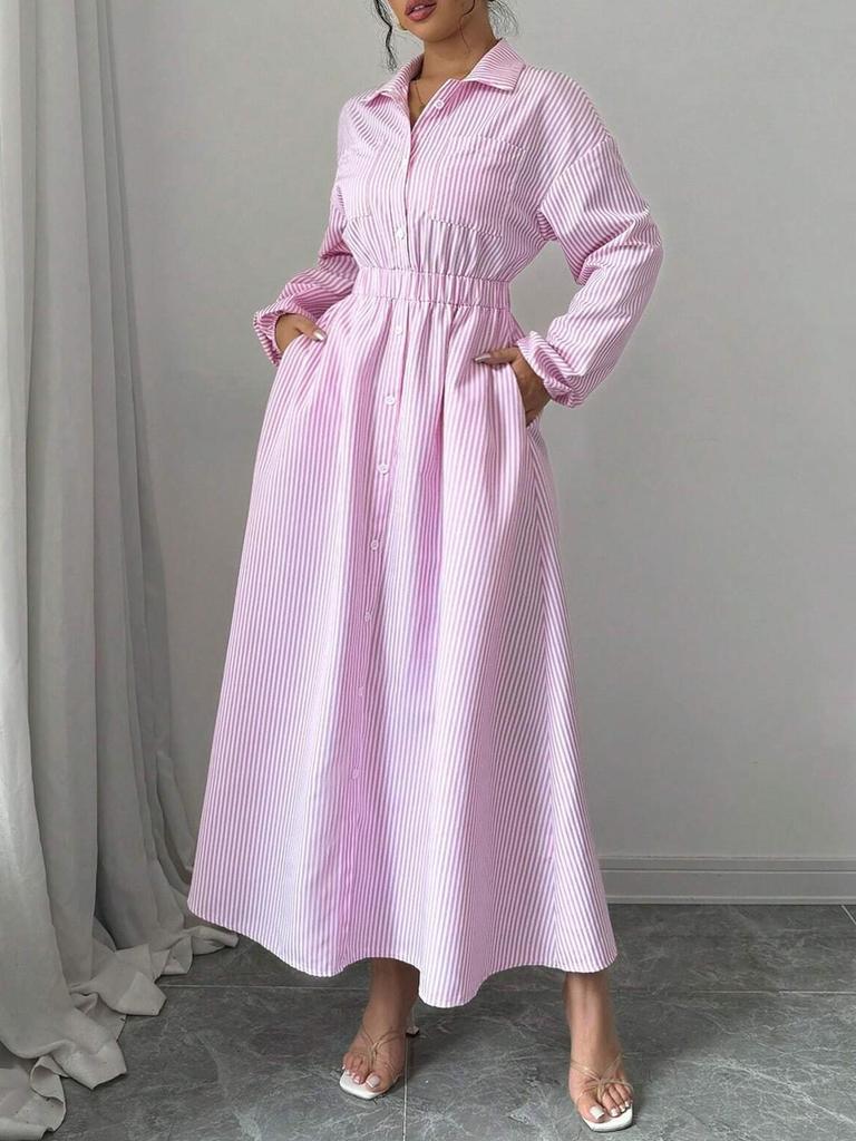 Korean Chic Autumn Striped Shirt Dress with Stand Collar and Tie Waist