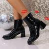 Fashion Fashion Square Toe Ankle Boots for Women Spring Autumn Black Chunky High Heel Boots Woman Back Zipper Patent Leather Botas Mujer
