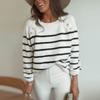 Women's Stripe Knitted Sweater Round Neck Shoulder Button Pullover Sweater