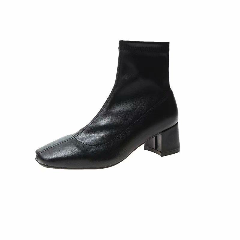 

Ботинки женские осенне-зимние новые квадратный носок средняя голень толстый каблук ботинки Мартин женские модные на высоком каблуке женские кожаные ботинки 35