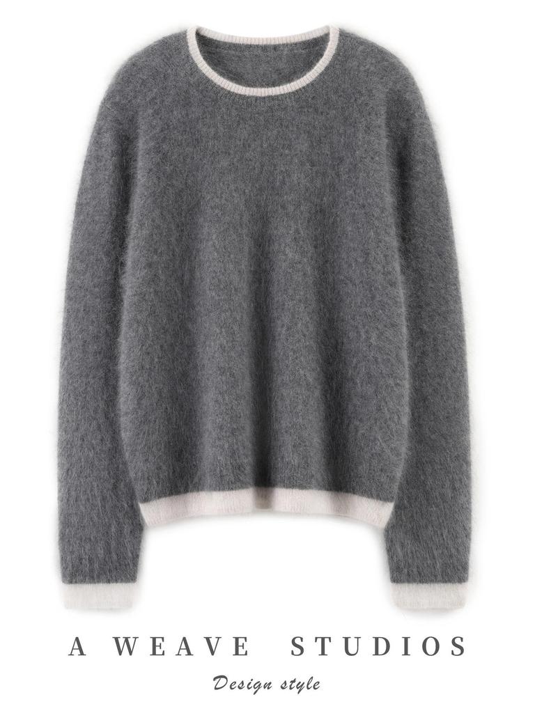 Women's 100% Cashmere Color Block Round Neck Pullover Sweater - Autumn/Winter Seven Gauge Single Ply Loose Fit