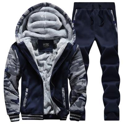 Winter Men Tracksuit Hooded Sportswear Zipper Jacket Fleece Trousers Men's Warm Solid Color Casual Men's Sports Suit