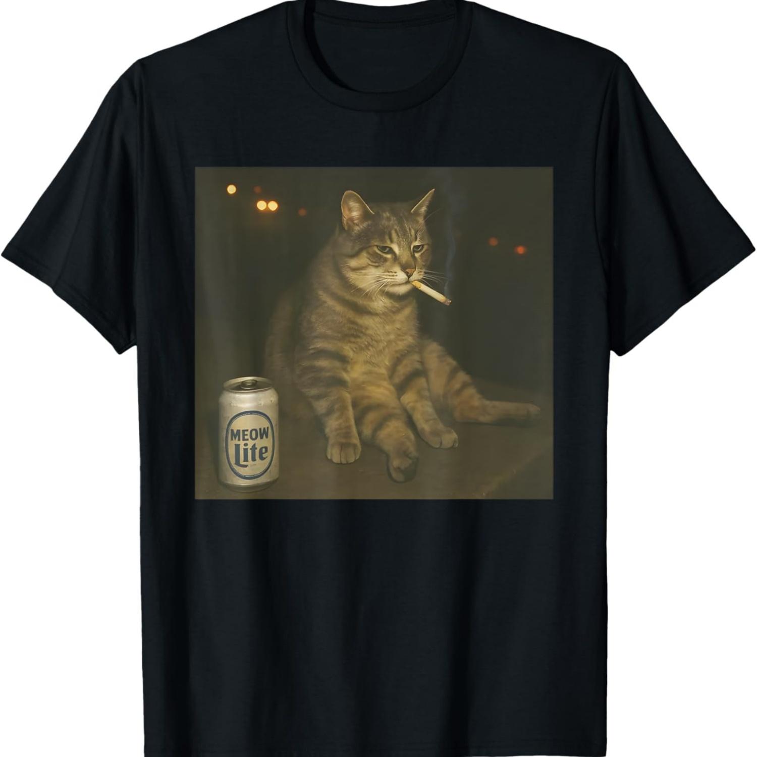Кот-курильщик Забавный курящий кот Мем Глупый мозг Т-Ширт(12) S