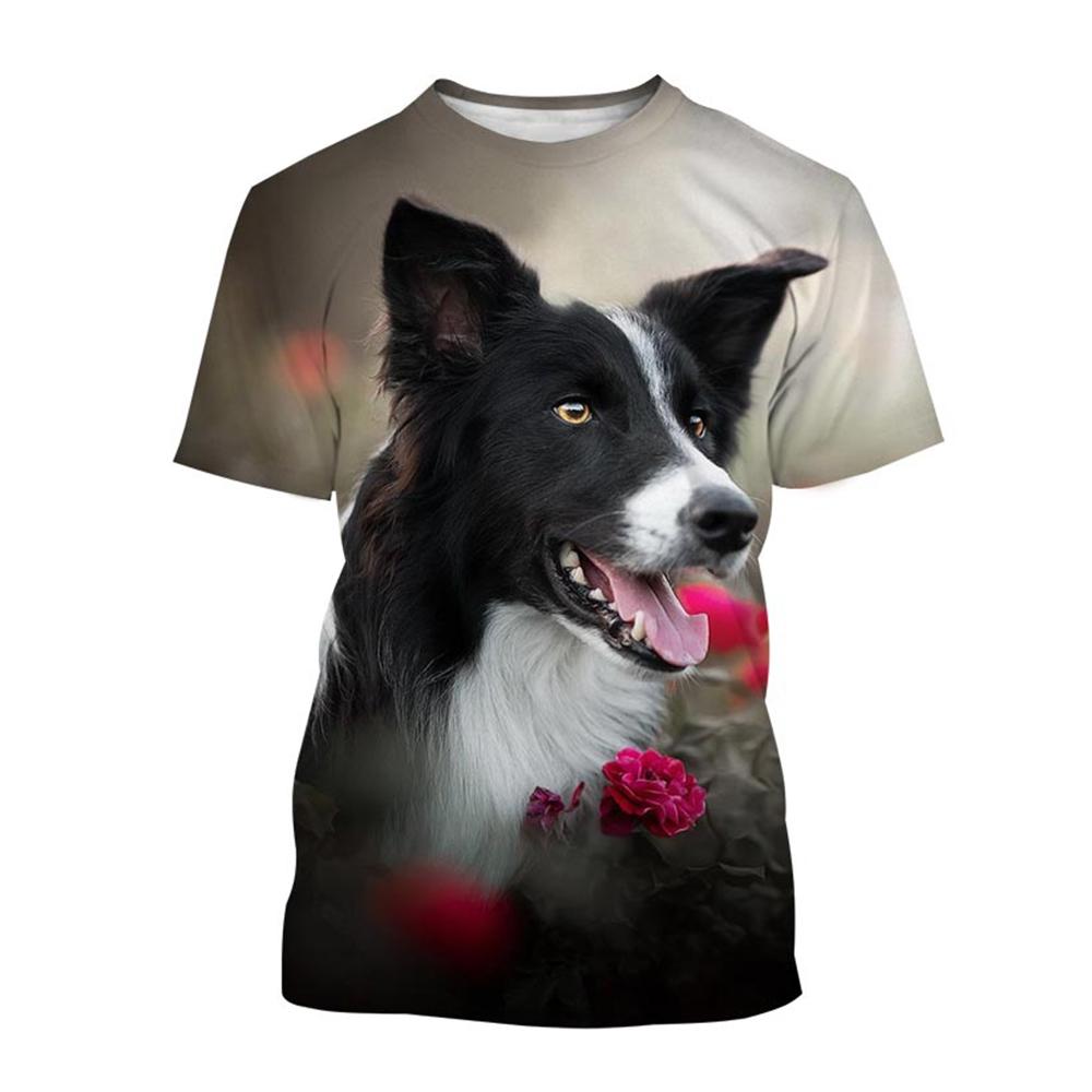 Summer Creative New Border Collie 3D Printed Fashionable Cute Dog Casual Round Neck Short Sleeve