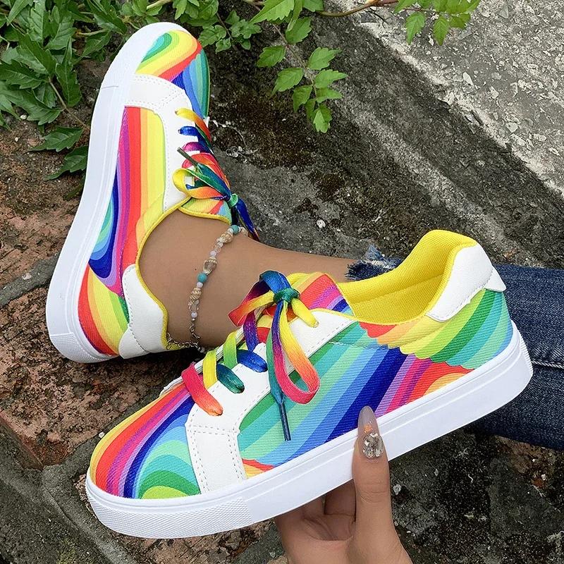 Rainbow Color Lace Up Sneakers Women Casual Non-Slip Platform Vulcanized Shoes Woman 2025 Autumn Flats Running Walking Shoes 43