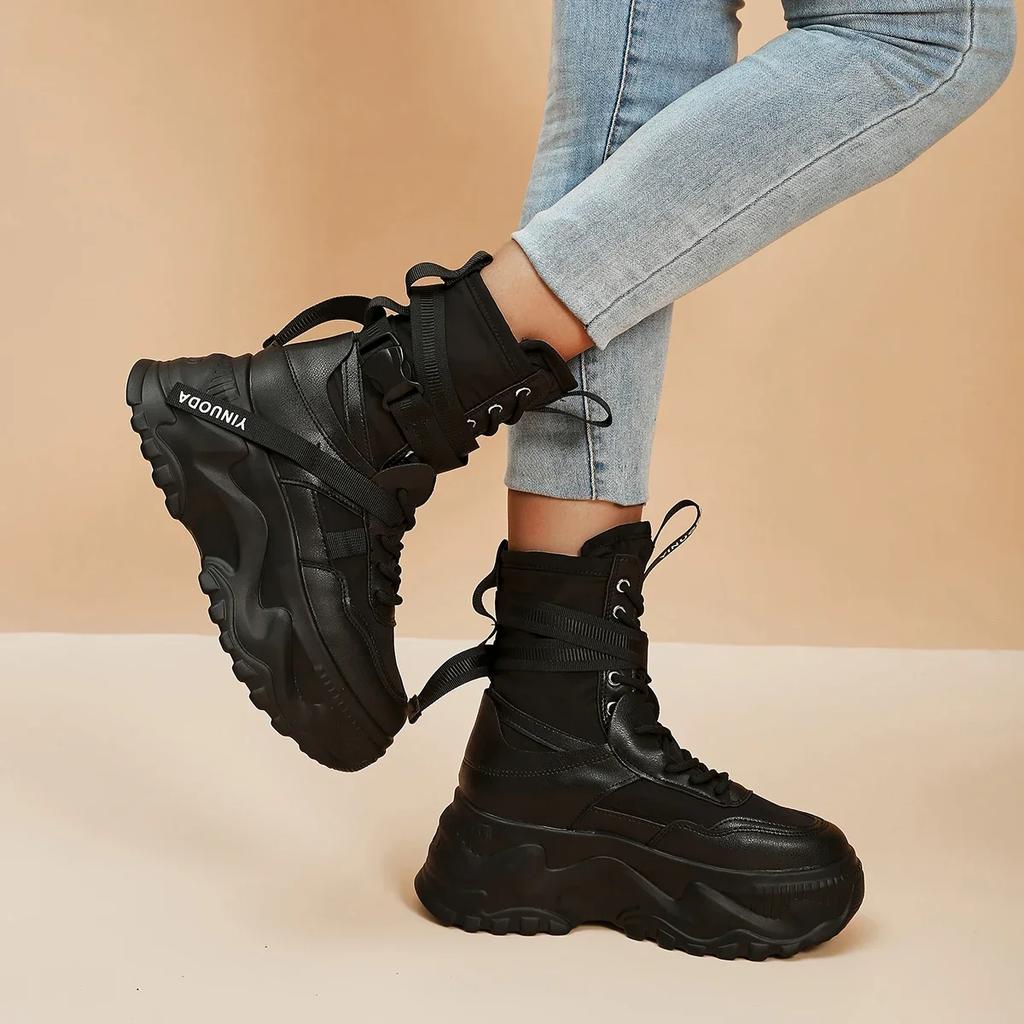 Chunky Platform Black Motorcycle Boots Thick Bottom Lace Up Vulcanized Shoes Woman Autumn Winter  Ankle Botas De Mujer