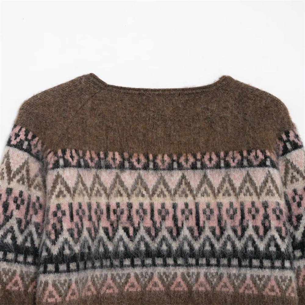 European Autumn/Winter Women's Casual Color-Washed Jacquard Knit Pullover Sweater