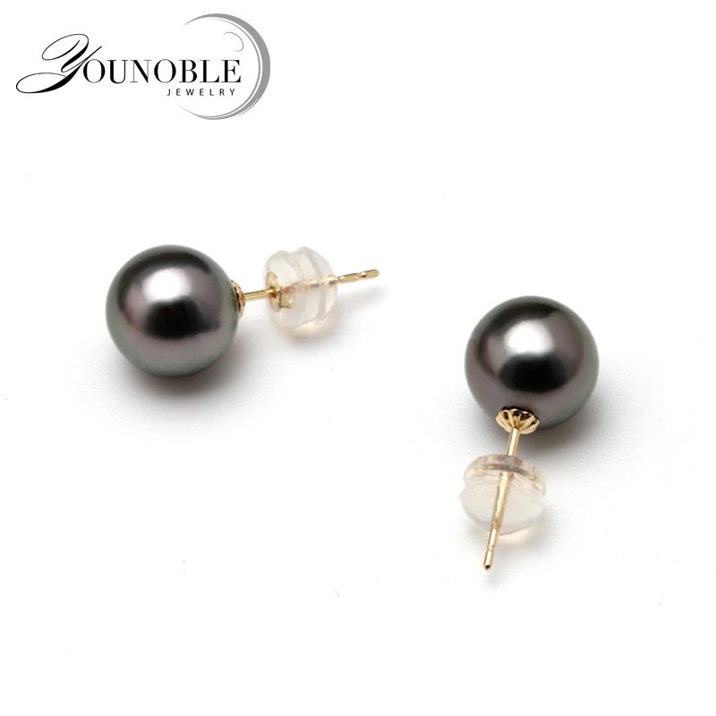 

Real Tahitian Round Gold Pearl Earrings Jewelry Woman,Genuine Sea Black 18K Stud Earrings Pearl Wife Mother Anniversary Gift 8-9mm