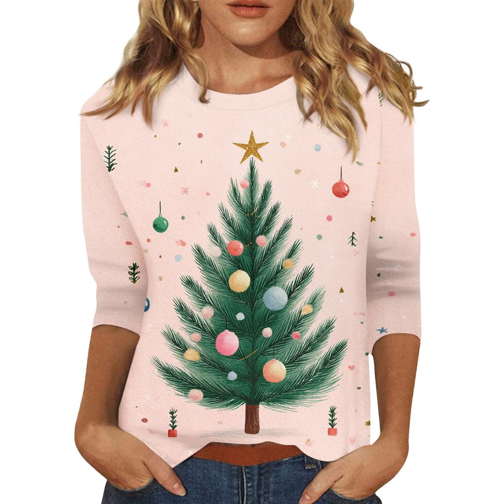 Top de damă cu decolteu O cu mâneci 3/4 cu imprimeu de Crăciun