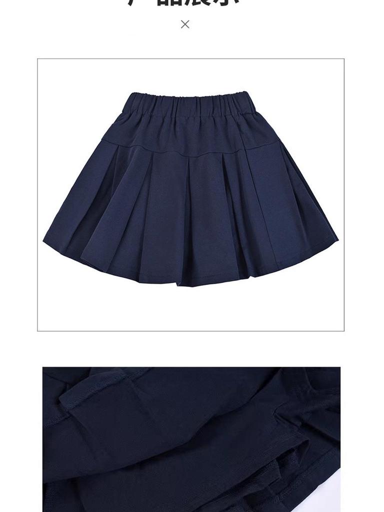Girls' Black Pleated Cotton Skirt - Navy Blue School Uniform for Middle & Primary Students, Autumn Collection
