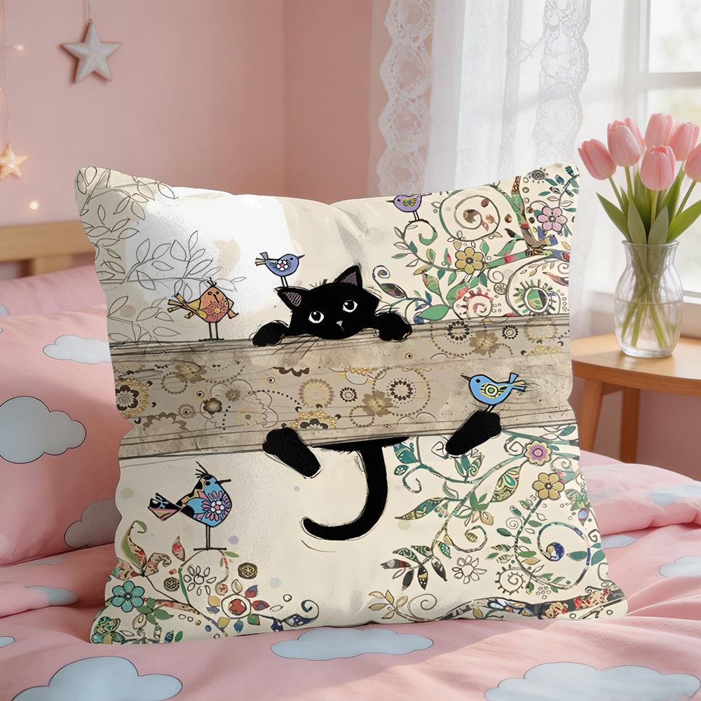 Cartoon Little Black Cat Cushion Cover Square Short Plush Pillow Case Living Room Sofa Home Decor Funda X