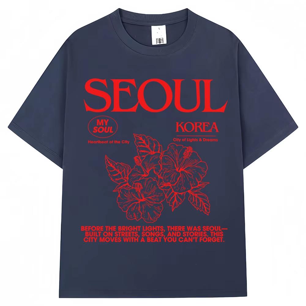 2026 Korean Style Seoul Hibiscus Print Tshirts Men Women Harajuku Fashion Aesthetic T Shirt Cotton Casual Tees Streetwear