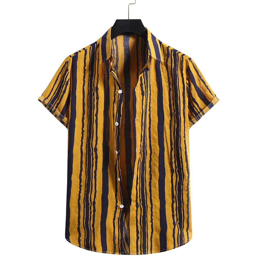 Men's Fashion Cotton Linen Stripe Print Short Sleeve Button Shirt Blouse Top