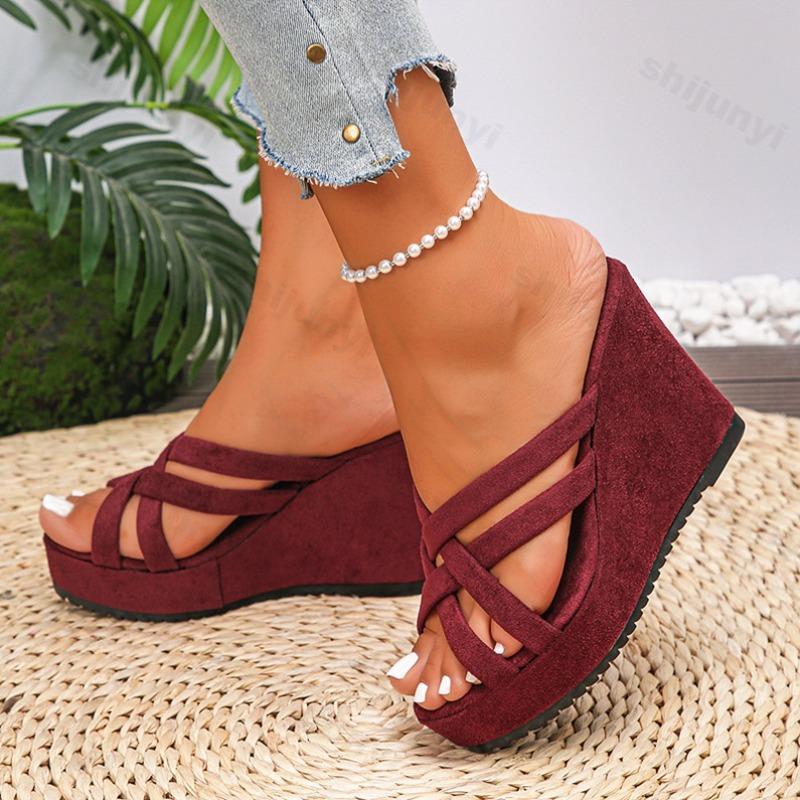 Fashion 2025 Summer New Women's Open Toes Fashion Wedge Heel Thick Soled Sandals Breathable Comfortable Cross Strap Beach Cool Slippers