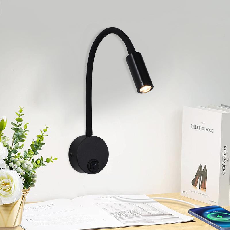 3W Modern Adjustable LED Headboard Reading Lamp Hotel Flexible Goose Neck Bedside Reading Light on off Switch Wall Lamp