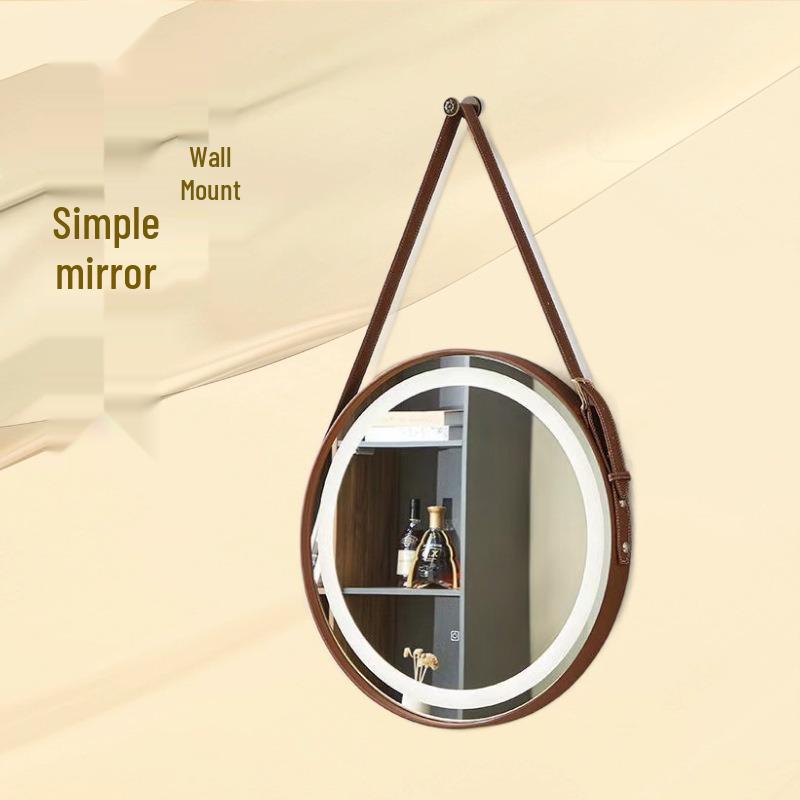 Round HD Wall-Mounted Vanity Mirror with Adjustable Leather Strap for Bathroom/Bedroom