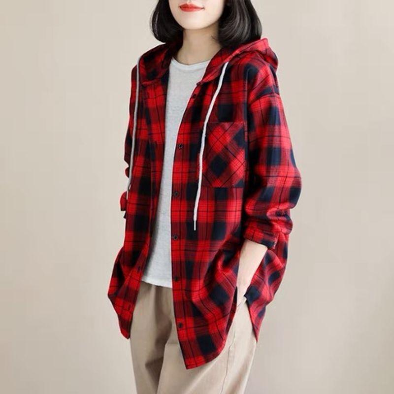 

Fall 2025 New Hooded Plaid Short Coat Shirt Women s Loose Plus Size Mid Length Long Length Lapel Slimming Shirt Red 4XL