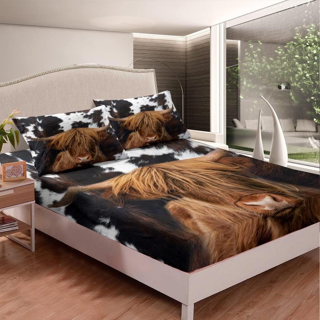 Homewish Highland Cattle Fitted Sheet Twin,Cow Fur Bedding Set 2pcs for Kids Teens Adult Room Decor,Farmhouse Animals Cowhide Bed Cover Black White