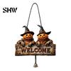 Handmade Retro Wood Craft Halloween Wooden Welcome Hanging Sign, Vintage Farmhouse Door Hanger with Skeleton Pumpkin Rustic Holiday Sign Ghost,