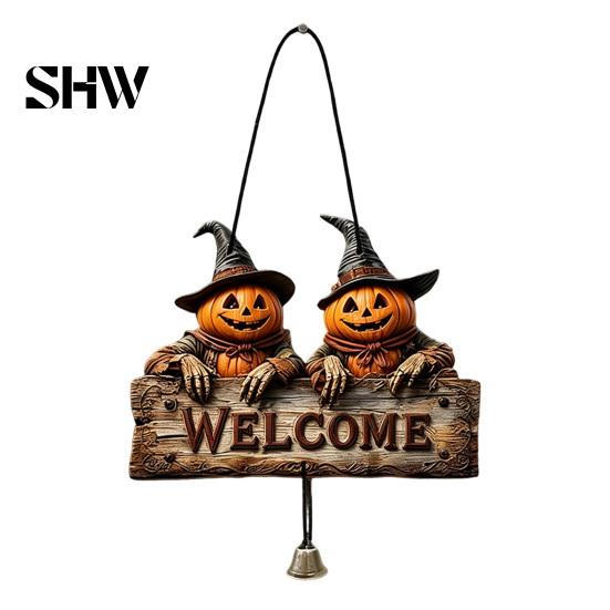 Handmade Retro Wood Craft Halloween Wooden Welcome Hanging Sign, Vintage Farmhouse Door Hanger with Skeleton Pumpkin Rustic Holiday Sign Ghost,