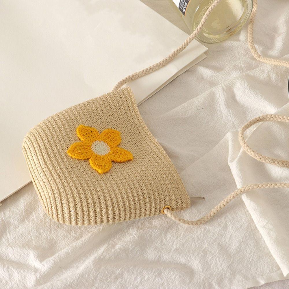 Children's Straw Beach Bag Cute Heart Pattern Shoulder Bag Straw Crossbody Bag Handbag Baby Coin Purse