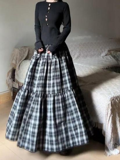 Spring 2025 Women's Navy Blue Plaid A-Line Patchwork Umbrella Skirt