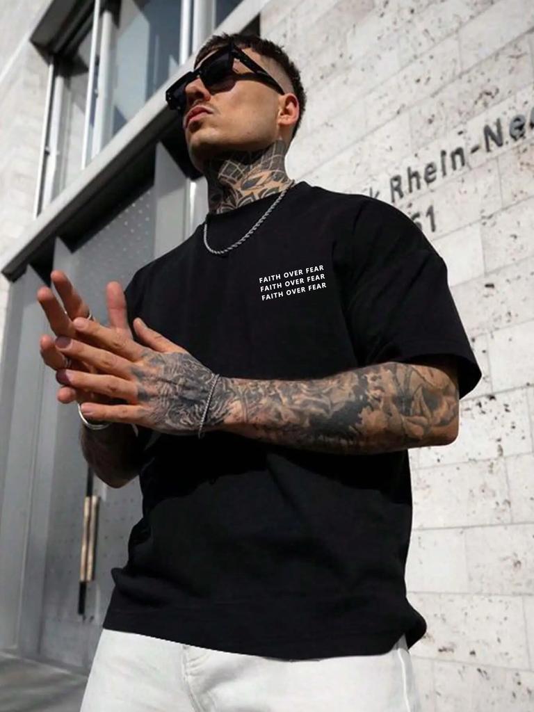 Faith Over Fear Positive Energy Letter Graphic Tshirts Men Fashion Cotton T-Shirts Summer Loose Tee Clothes Breathable Soft Tops