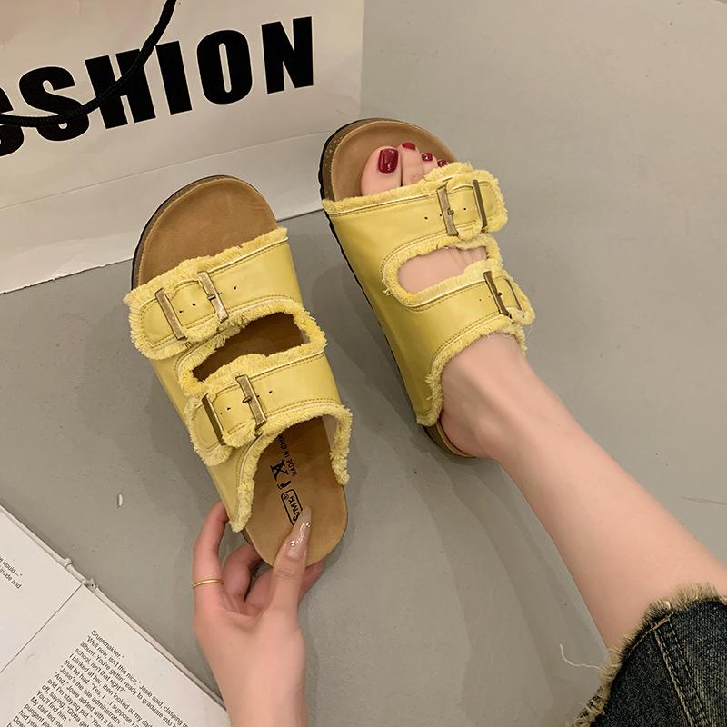 Fashion buckle one-word drag women's summer new versatile cool slippers lightweight muffin slippers