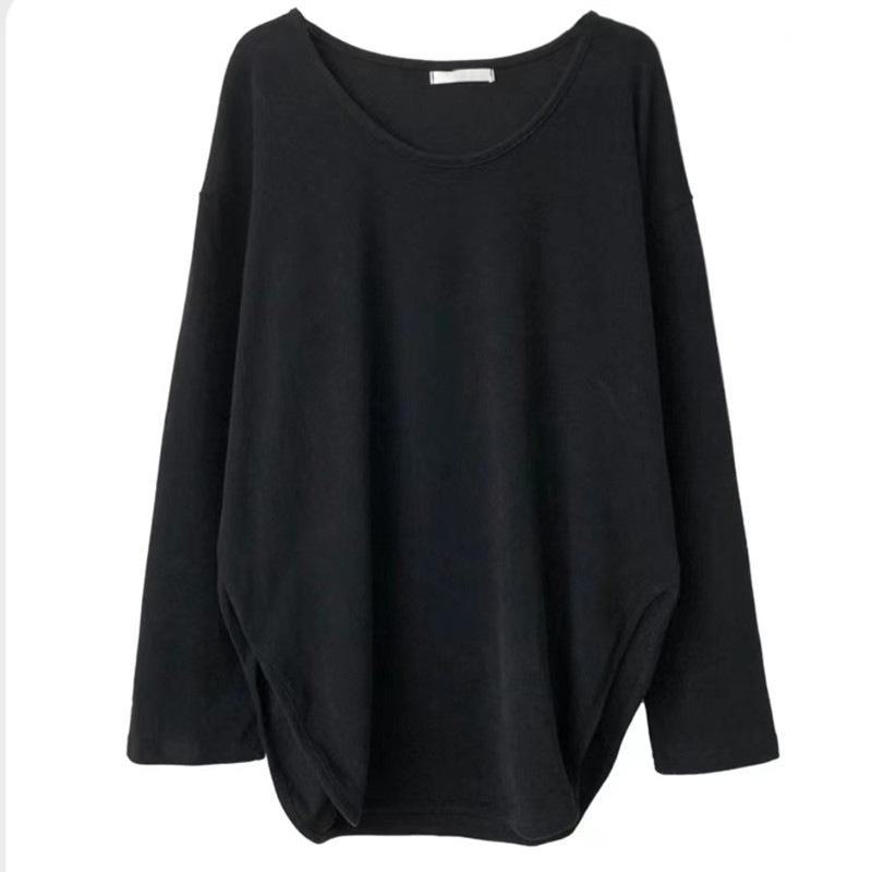 

Женская футболка больших размеров из хлопка с длинным рукавом и закругленным подолом на осень 2XL чёрный