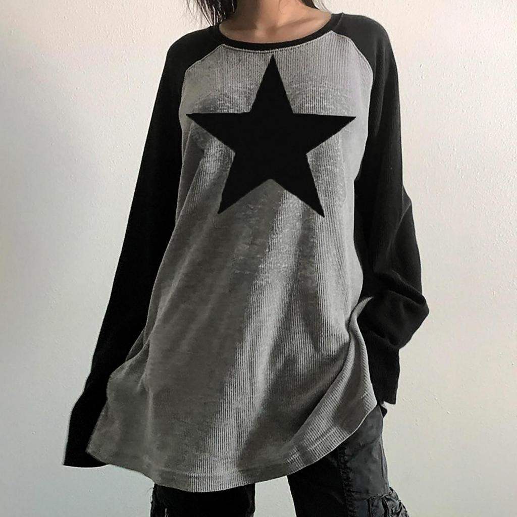Kadın Harajuku Yıldız Baskı Parça Parça Sonbahar Rahat Artı Boyutu Gevşek Tee Vintage Kazak