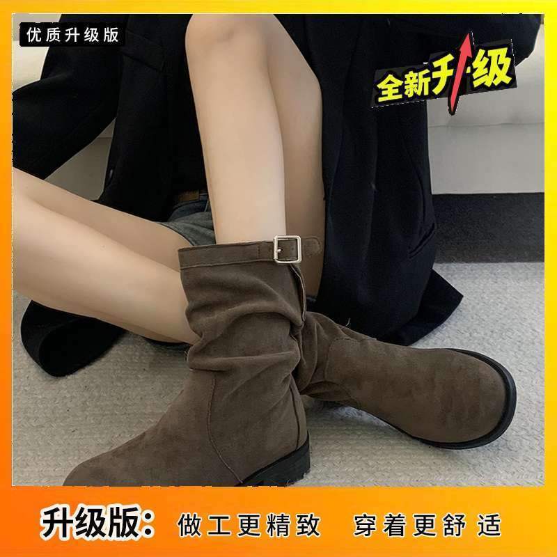 Pile boots retro medium tube suede locomotive Martin boots women's 2025 new fried street western cowboy Maillard short boots