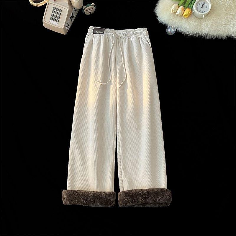 Unisex Thickened Lambswool Corduroy Pants - Wide-Leg, Plus Velvet, Winter Warm Trousers for Autumn and Winter. абрикосовый